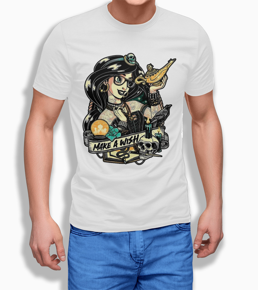 Jasmine Princess Aladdin Make A Wish Tattoo Style With Skull And Lamp T-Shirt