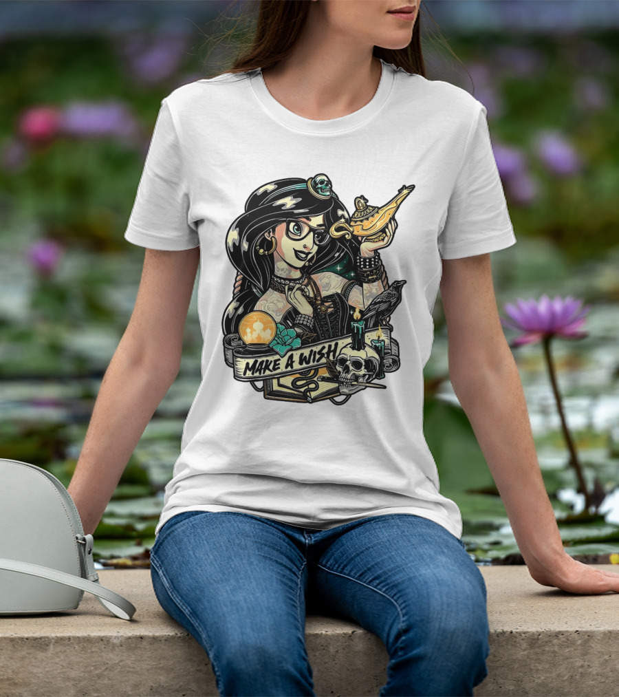 Jasmine Princess Aladdin Make A Wish Tattoo Style With Skull And Lamp T-Shirt