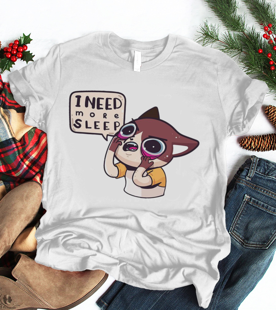I Need More Sleep Tired Cartoon Character With Big Eyes And Pajamas T-Shirt