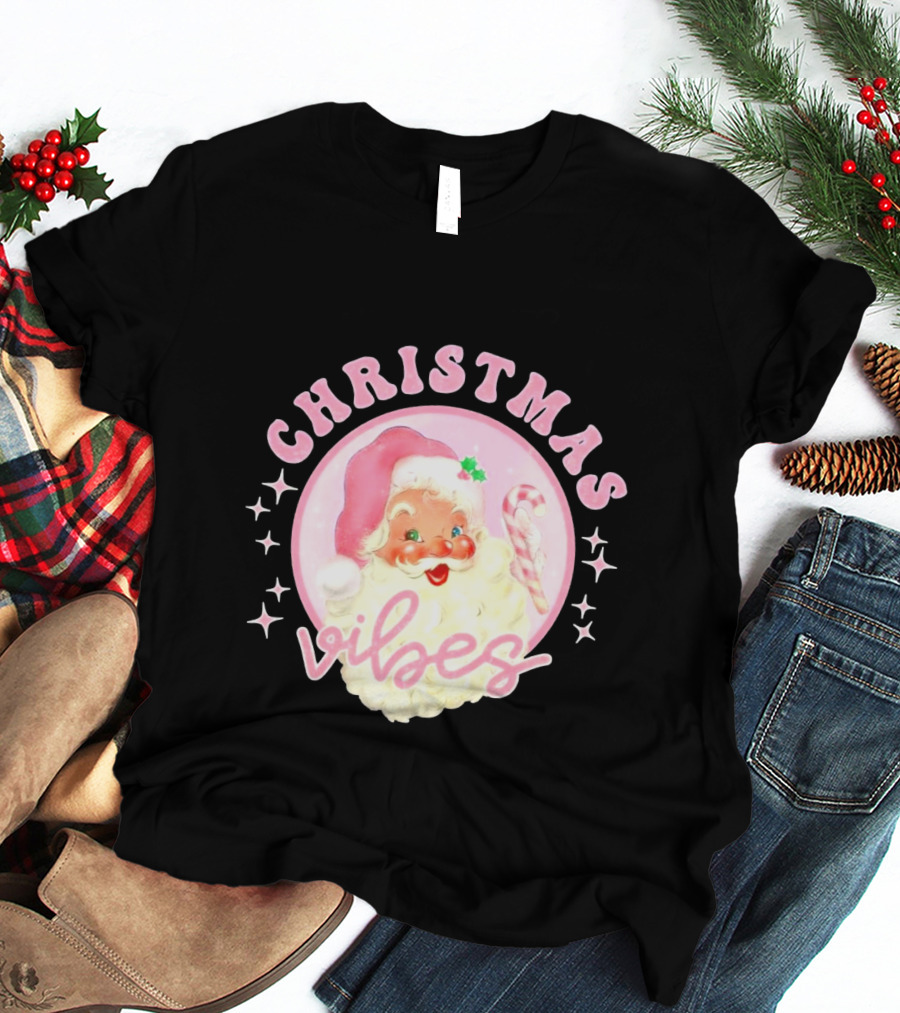 Christmas Vibes Santa Claus Candy Cane Retro Holiday T-Shirt