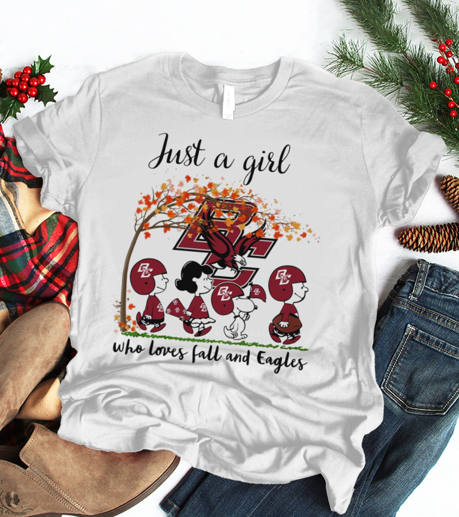 Just A Girl Who Loves Fall And Boston College Eagles Peanuts Cartoon T-Shirt