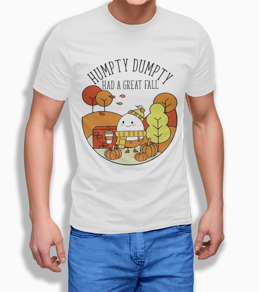 Humpty Dumpty Had a Great Fall Autumn Leaves Pumpkin Scarf Cafe Scene T-Shirt