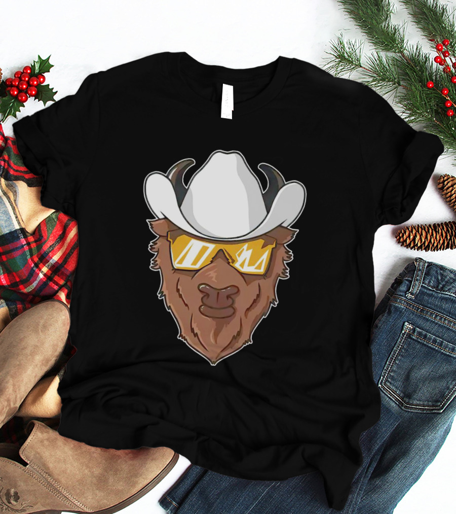 Cartoon Buffalo Wearing Cowboy Hats And Sunglasses T-Shirt