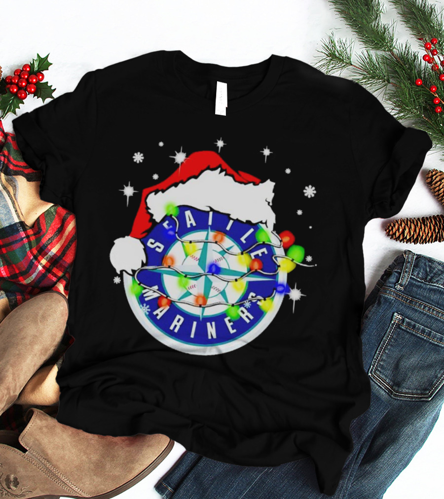 Santa Hat Seattle Mariners Christmas Lights Snowflakes T-Shirt