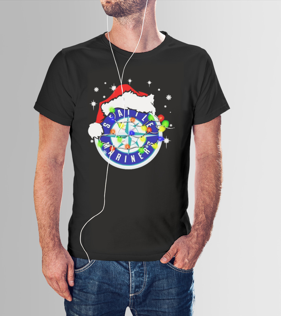 Santa Hat Seattle Mariners Christmas Lights Snowflakes T-Shirt
