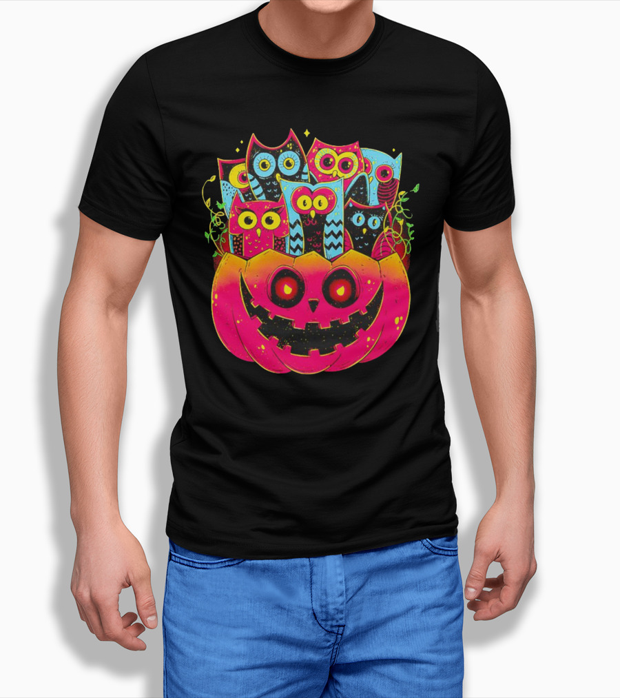 Neon Owls in Jack-o'-Lantern Halloween Party T-Shirt