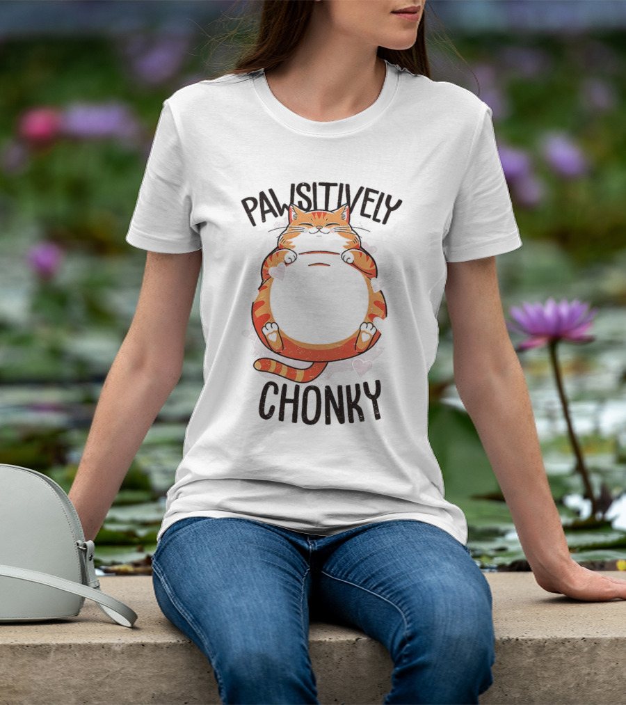 Pawsitively Chonky Cat With Hearts And Smiling Orange Tabby T-Shirt