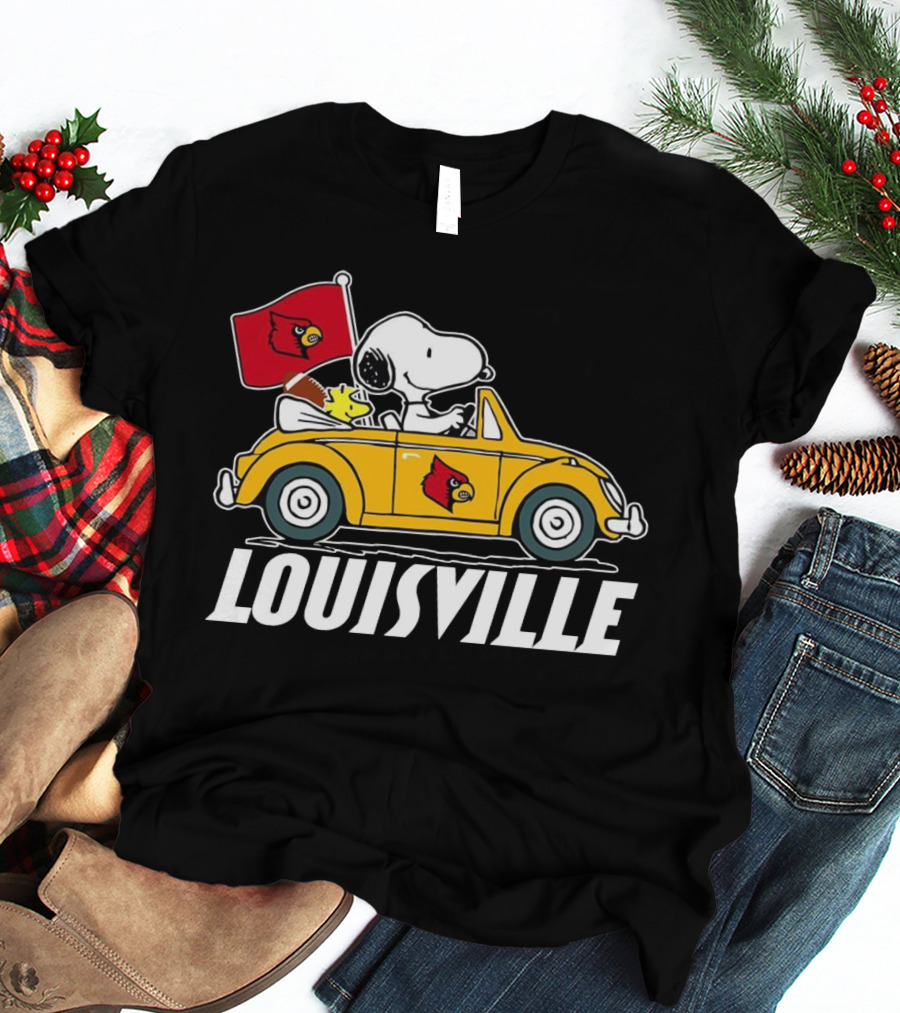 Snoopy And Woodstock Driving Louisville Cardinals Car T-Shirt