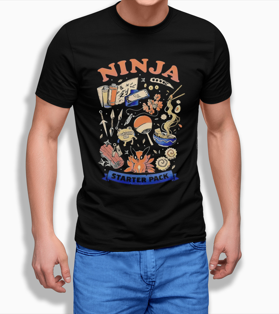 Ninja Starter Pack Kunai Scrolls Shuriken Ramen Chopsticks Anime Fox Pokeball T-Shirt