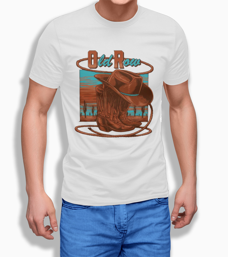 Old Row Western Cowboy Boots And Hat Desert Scene T-Shirt