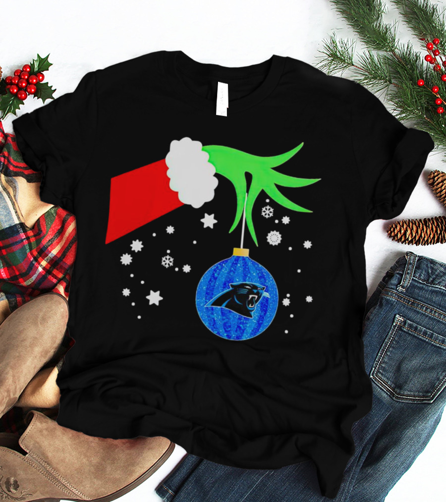 The Grinch Holding Carolina Panthers Christmas Ornament With Snowflakes T-Shirt