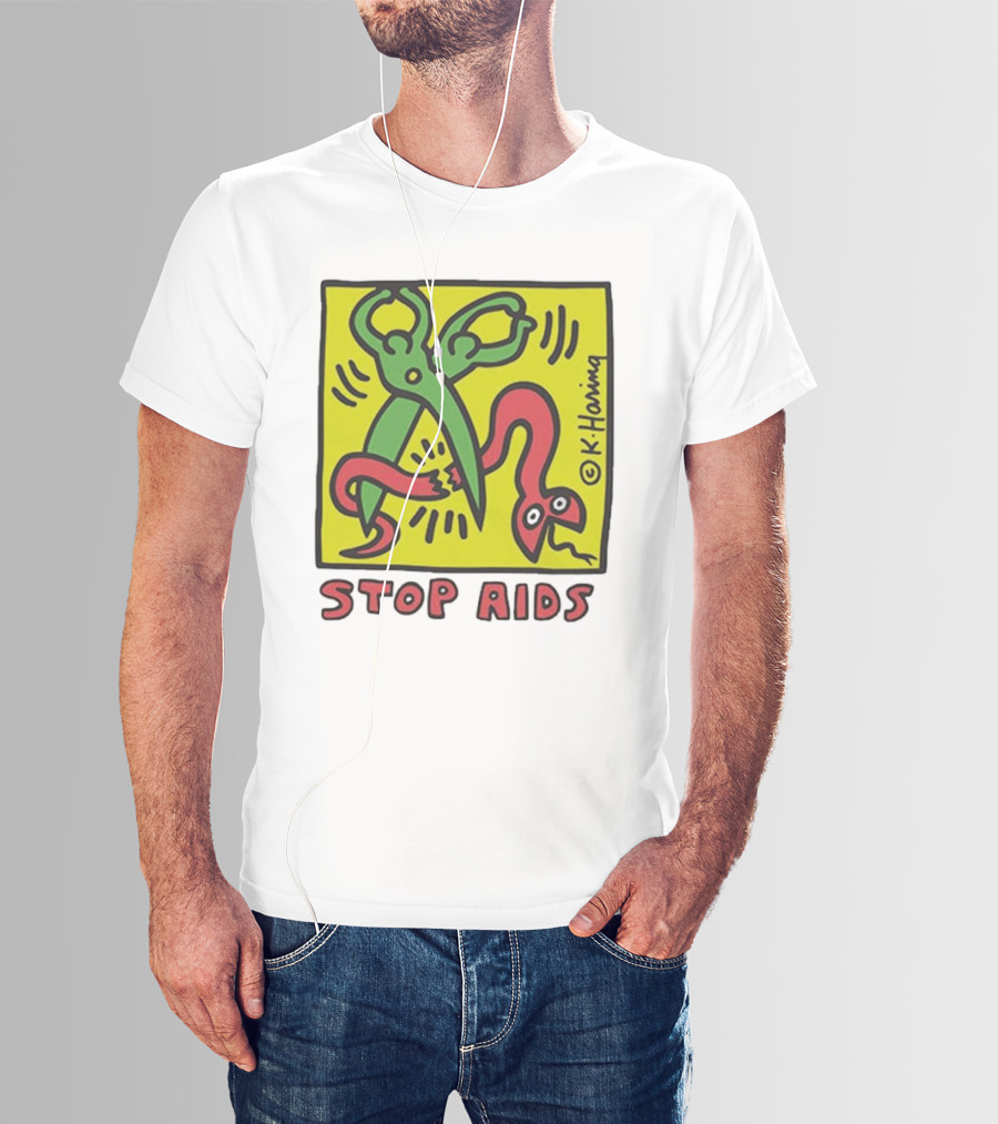 Keith Haring Stop Aids Scissors Cutting Snake T-Shirt
