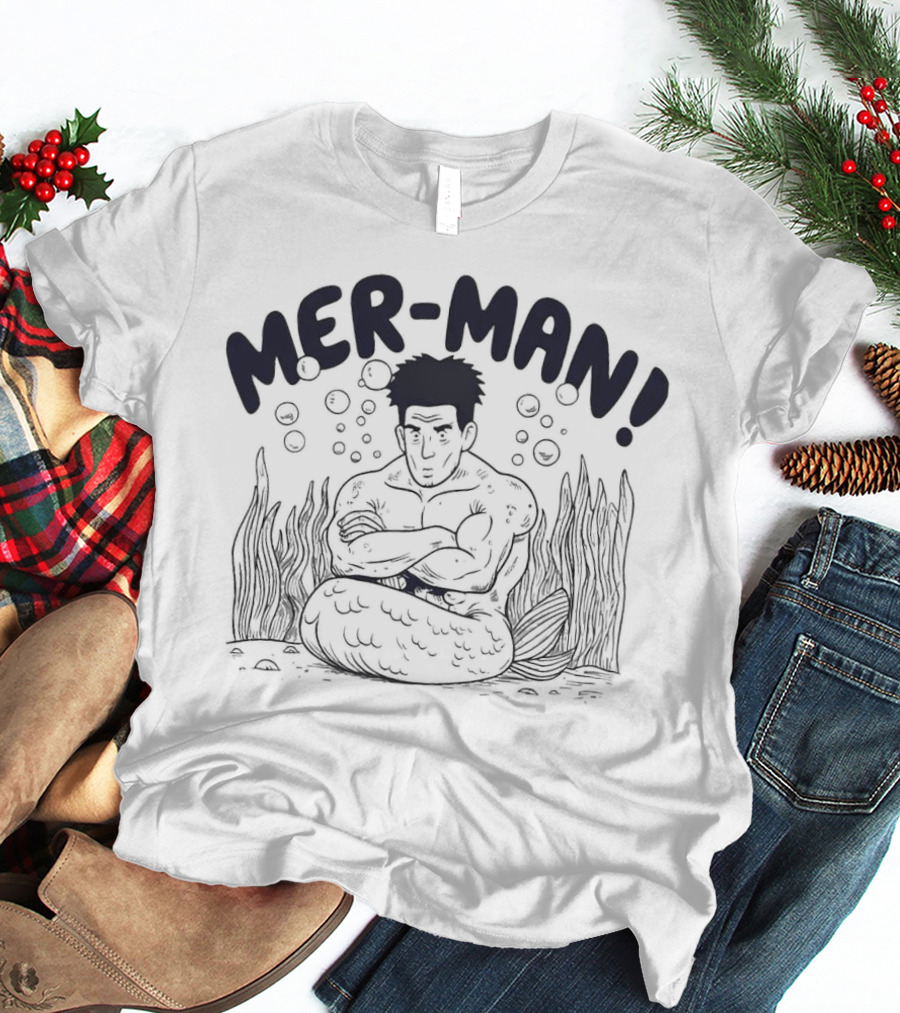 MER-MAN Cross-Armed Mermaid With Bubbles And Seaweed T-Shirt
