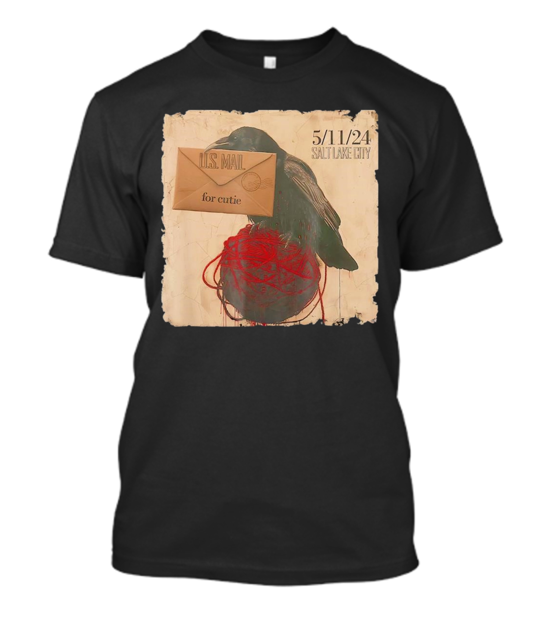 US Mail For Cutie 5/11/24 Salt Lake City Raven With Envelope And Red String T-Shirt