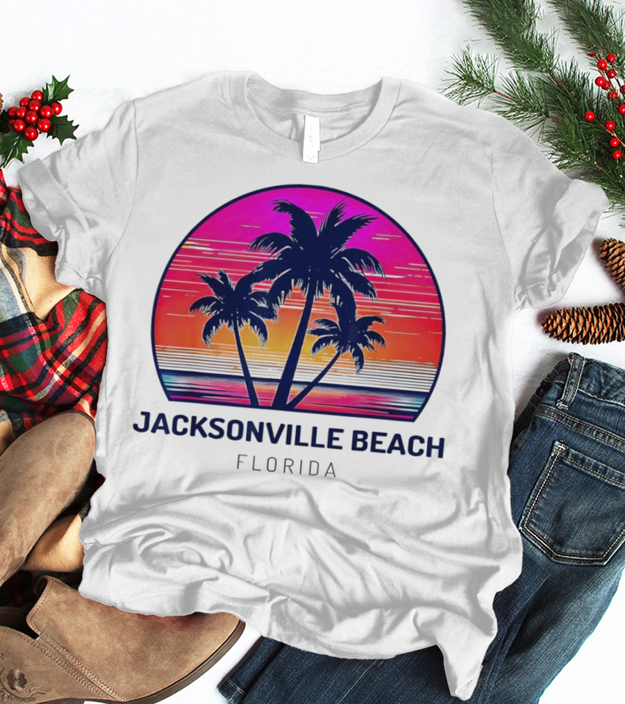 Jacksonville Beach Florida Palm Tree Sunset Circle T-Shirt
