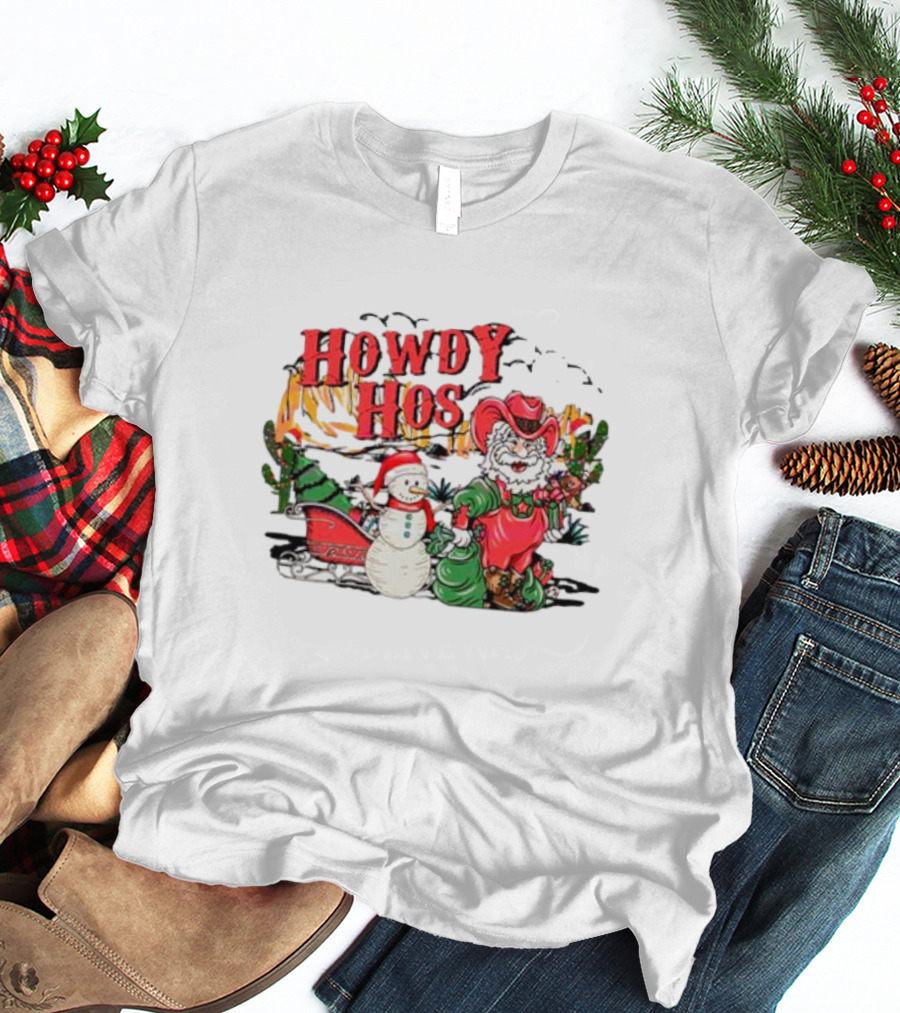 Howdy Hos Santa Snowman Sled Cowboy Christmas Scene T-Shirt