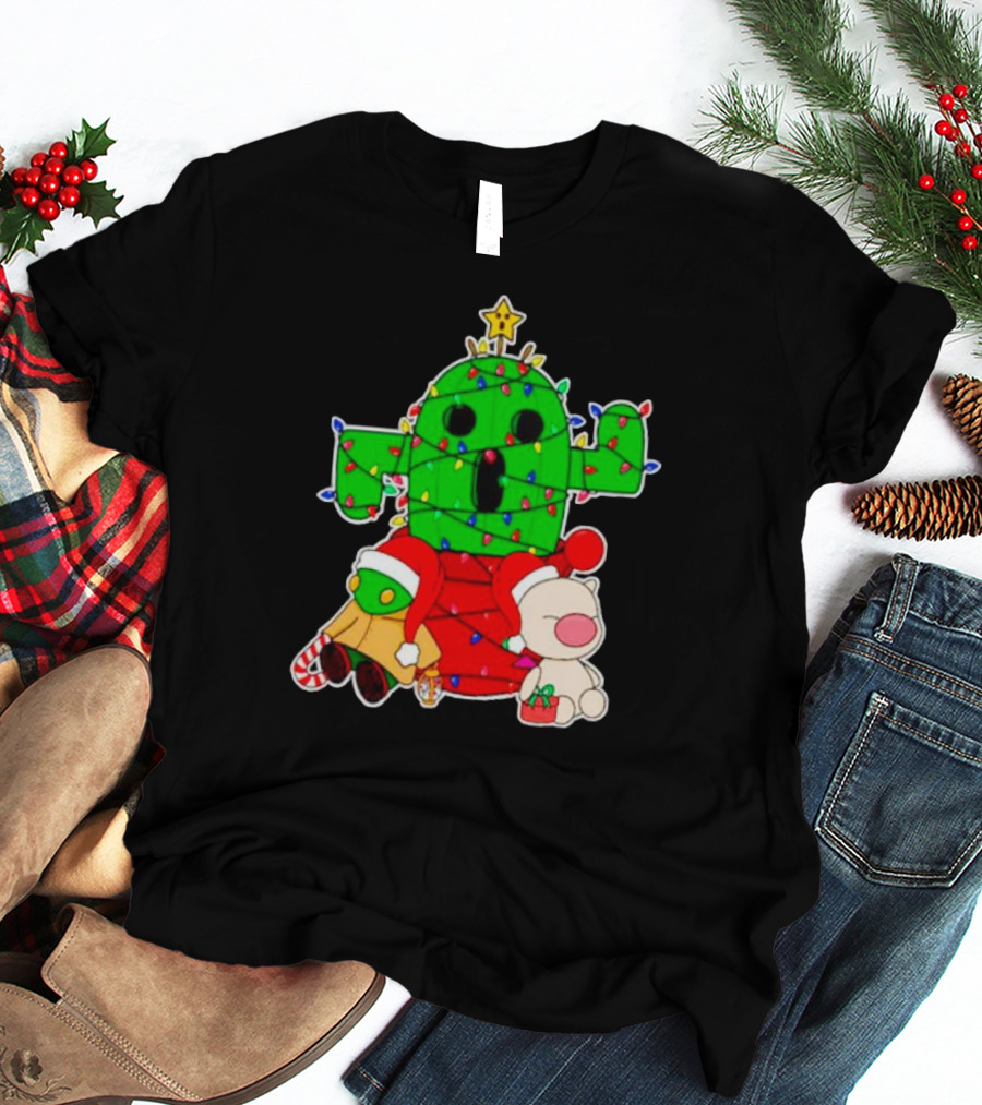 Funny Cactuar Christmas Lights With Moogle And Santa Costumes T-Shirt