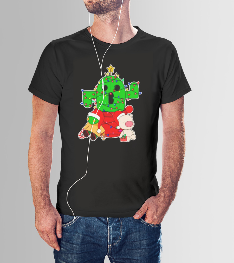 Funny Cactuar Christmas Lights With Moogle And Santa Costumes T-Shirt