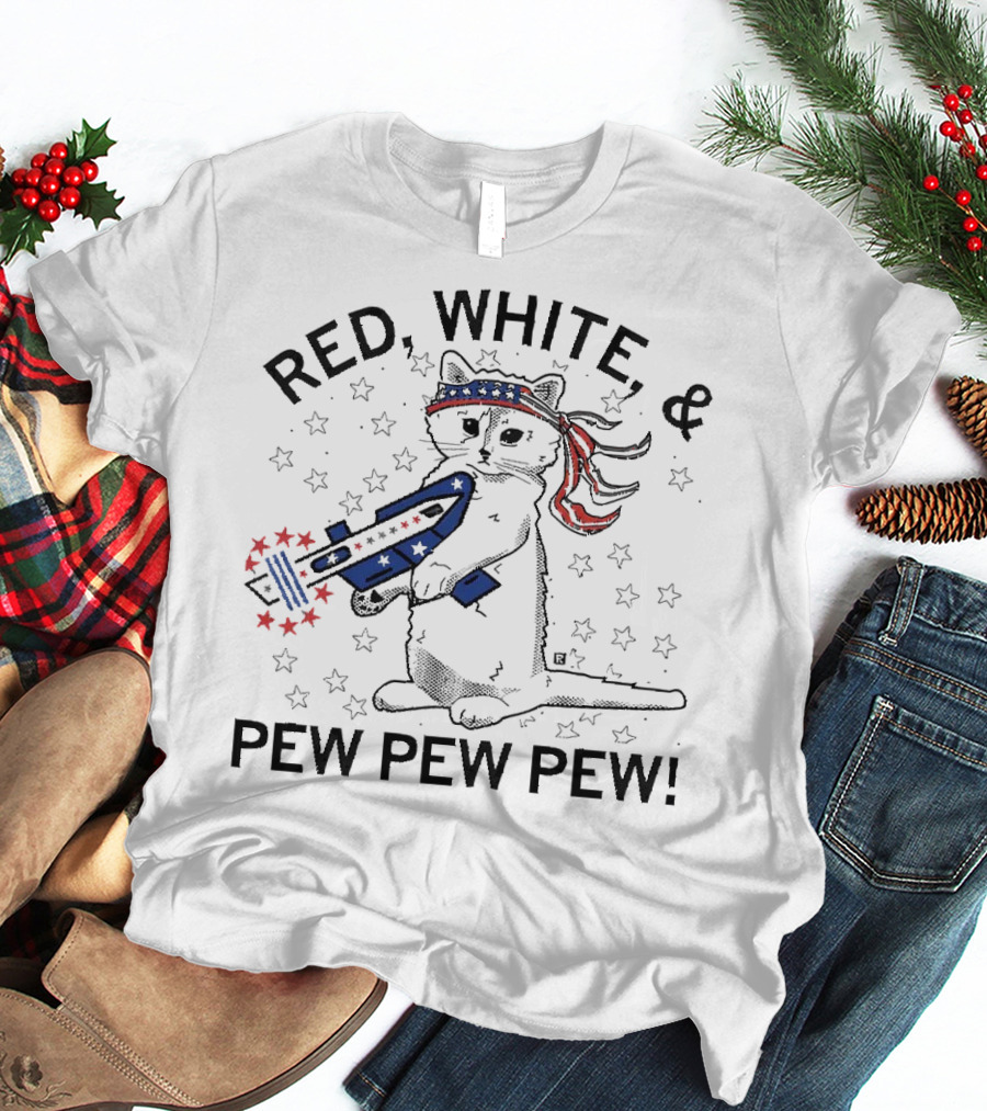 Red White And Pew Pew Pew Cat With Stars And Stripes Headband And Laser Gun T-Shirt