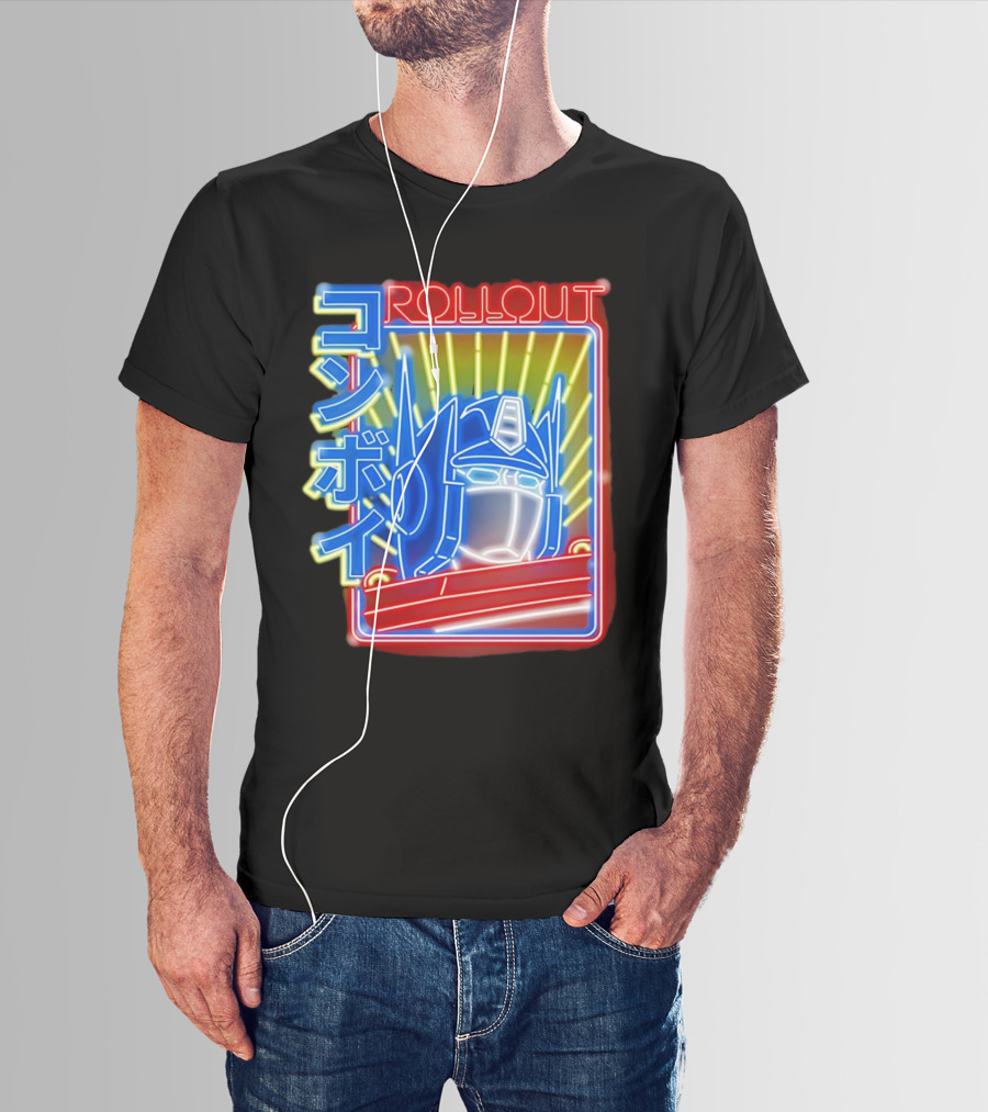 Rollout Neon Prime Robot Head With Japanese Characters T-Shirt
