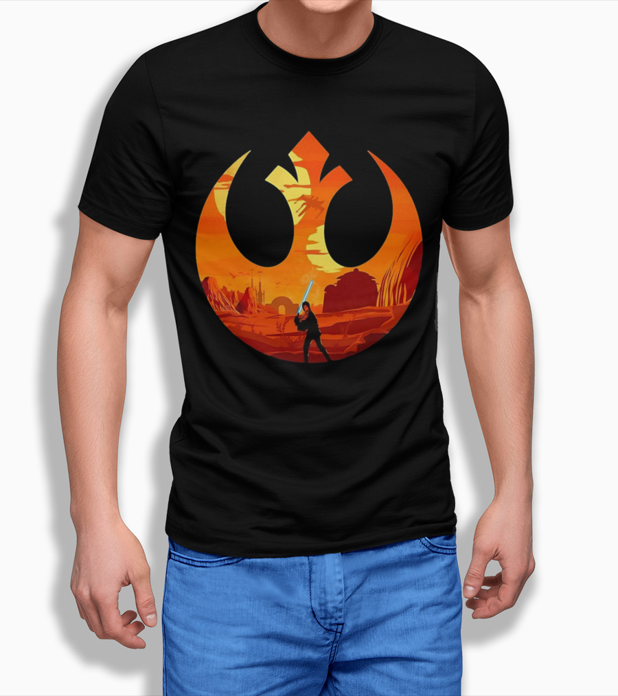 Luke Skywalker the Knight Farmer Tatooine Rebel Symbol Sunset Scene T-Shirt