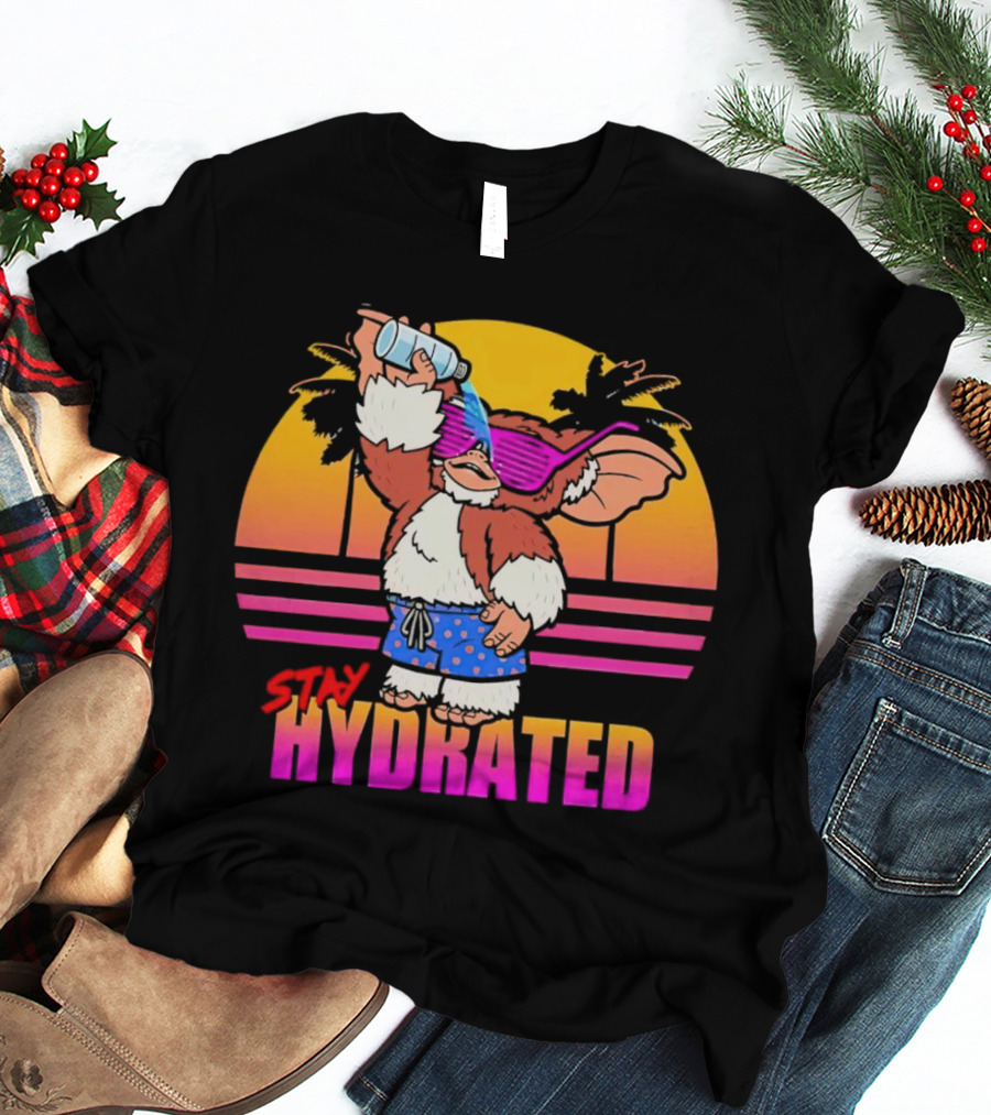 Stay Hydrated Gizmo Summer Beach Vibes With Sunset And Palm Trees T-Shirt