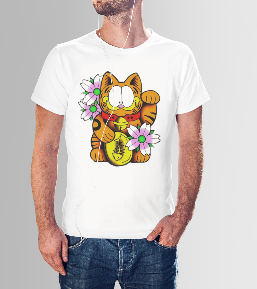 Garfield Maneki Neko With Fish Coin And Flowers T-Shirt