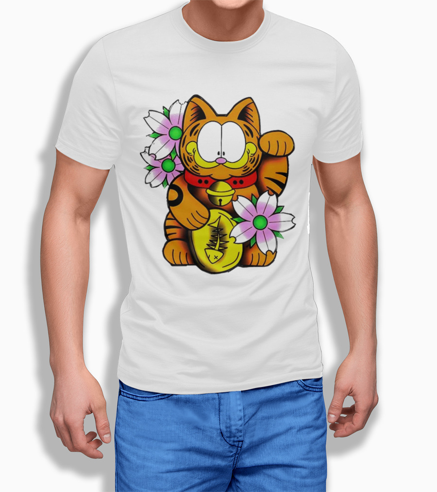 Garfield Maneki Neko With Fish Coin And Flowers T-Shirt