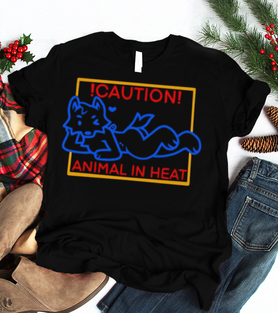 Caution Animal In Heat Neon Sign Playful Fox Character T-Shirt