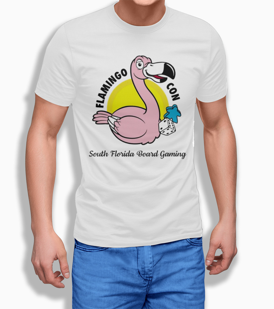 FlamingoCon South Florida Board Gaming Event with Dice and Meeple T-Shirt