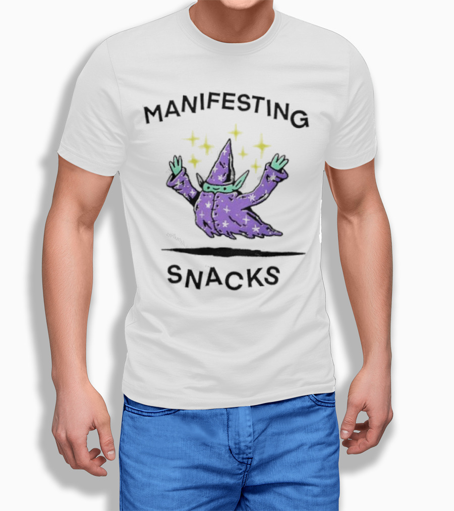 Manifesting Snacks Flying Wizard with Stars T-Shirt