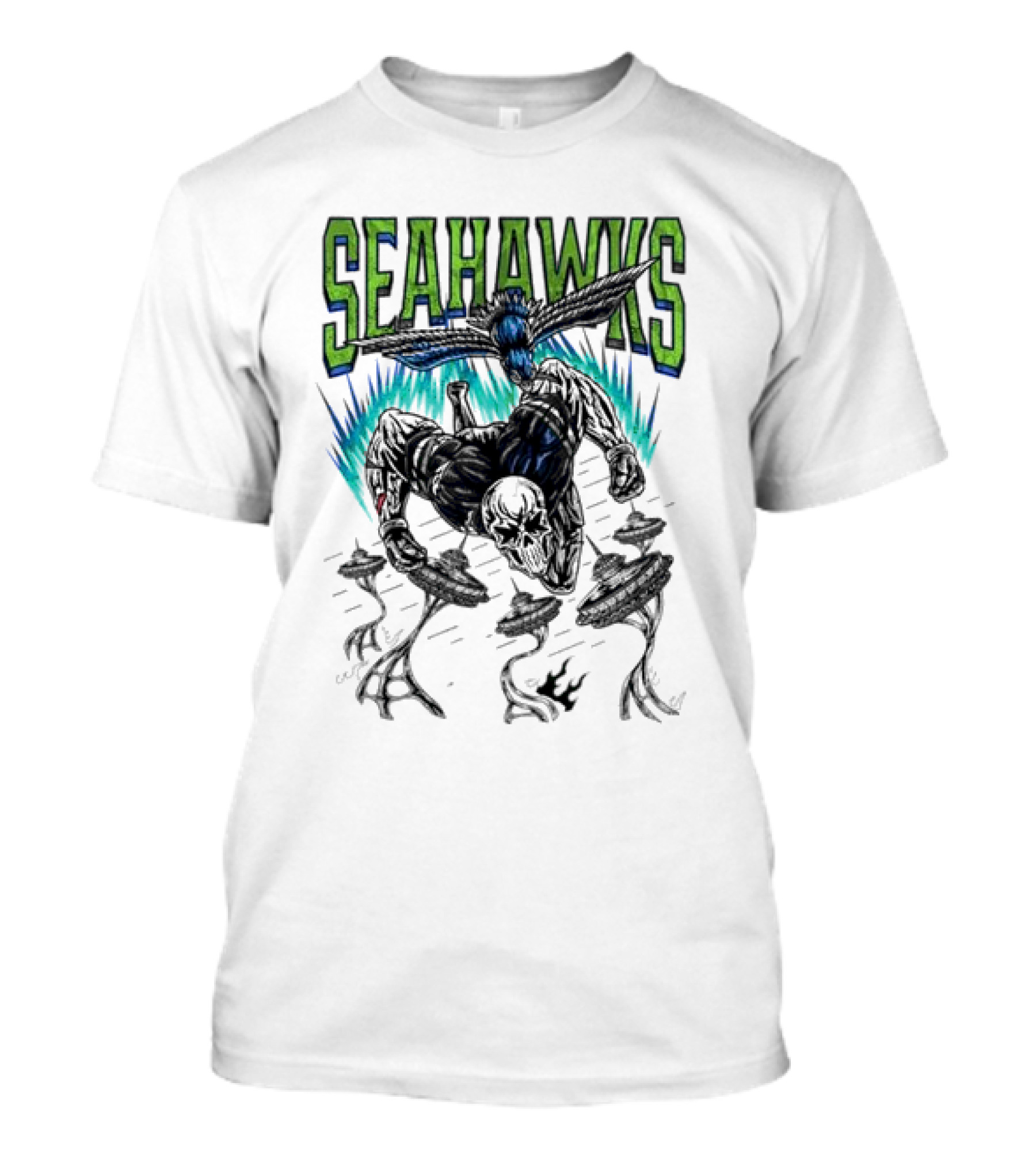 Seattle Seahawks Skeleton With Winged Bird And Blue Flames T-Shirt