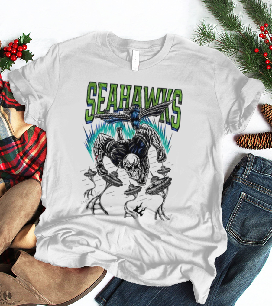 Seattle Seahawks Skeleton With Winged Bird And Blue Flames T-Shirt