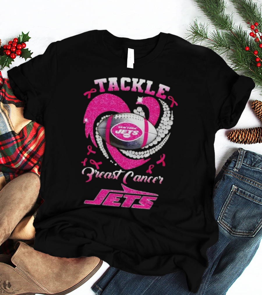 Tackle Breast Cancer New York Jets Football Heart Pink Ribbons T-Shirt