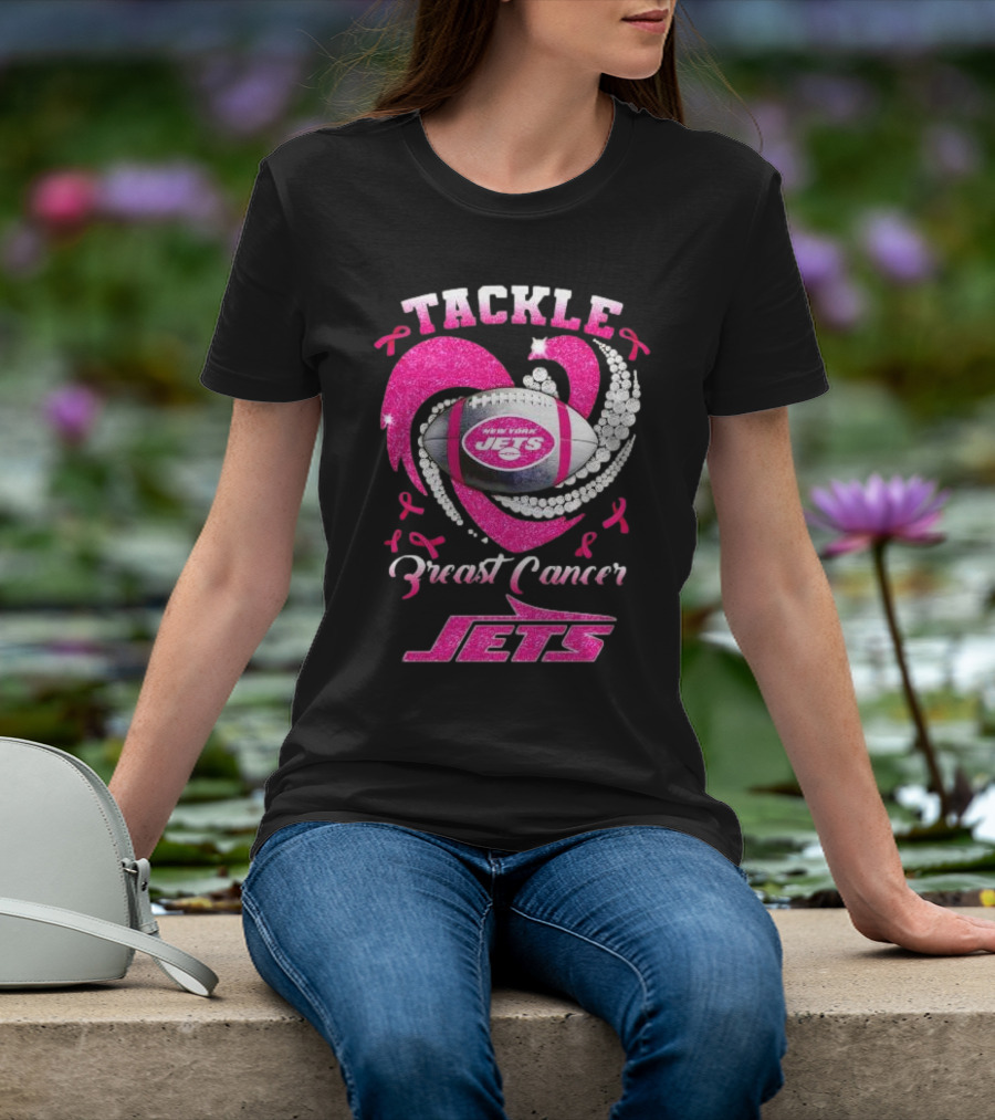 Tackle Breast Cancer New York Jets Football Heart Pink Ribbons T-Shirt