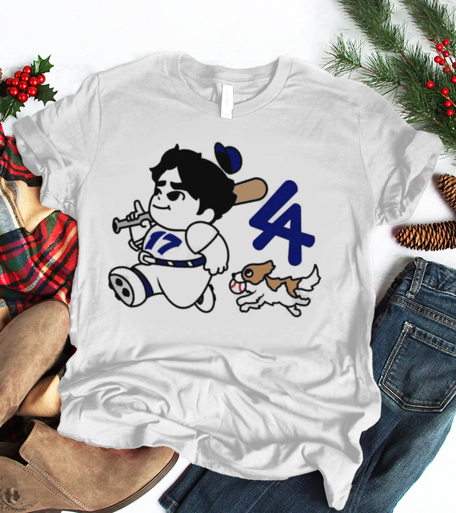 Chunkytani 10oz Fleece LA Baseball Dog And Player With Bat 17 T-Shirt