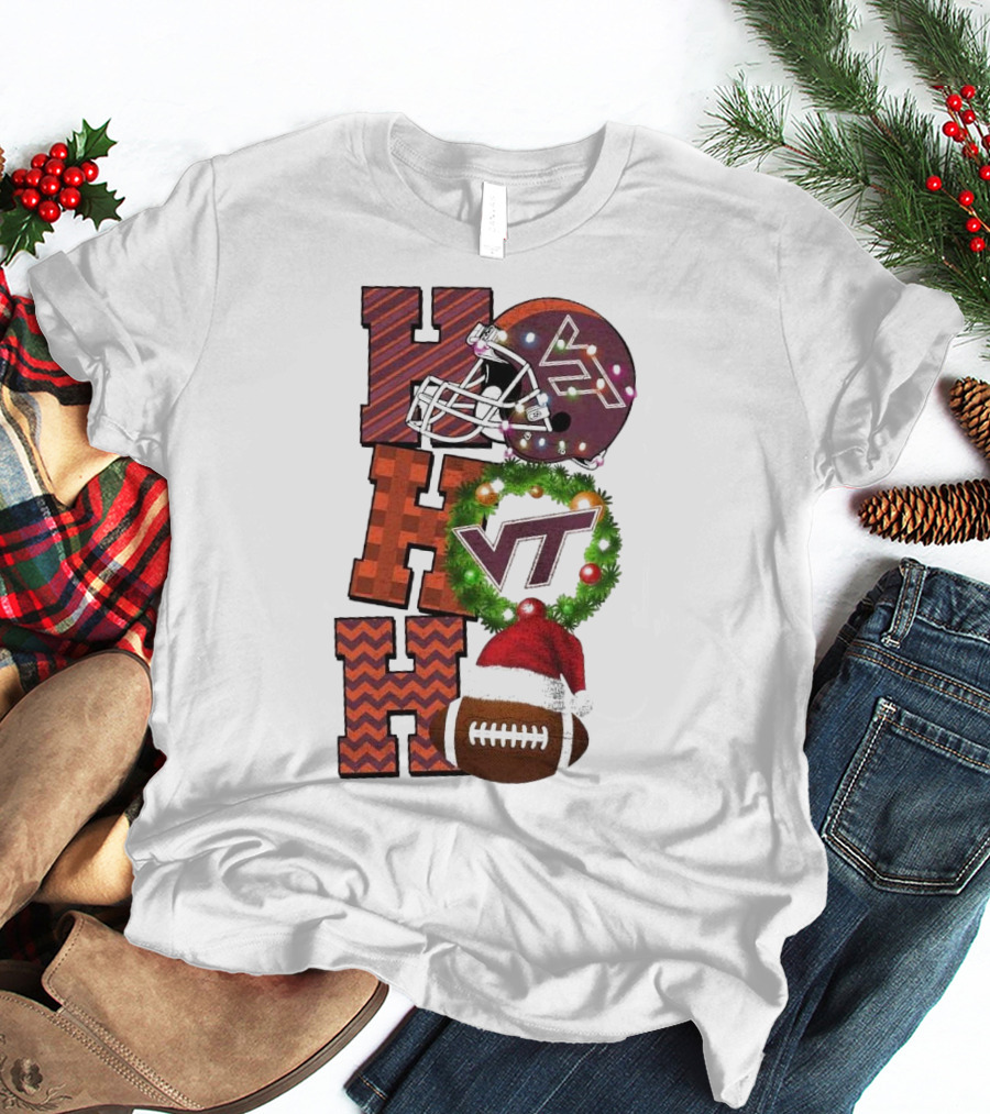 Virginia Tech Hokies Football Christmas Ho Ho Ho VT Helmet Wreath Game Day T-Shirt