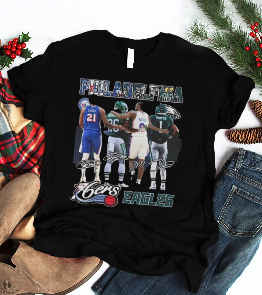 Philadelphia 76ers Joel Embiid And Philadelphia Eagles Sanders Hurts Collaborative Signature T-Shirt