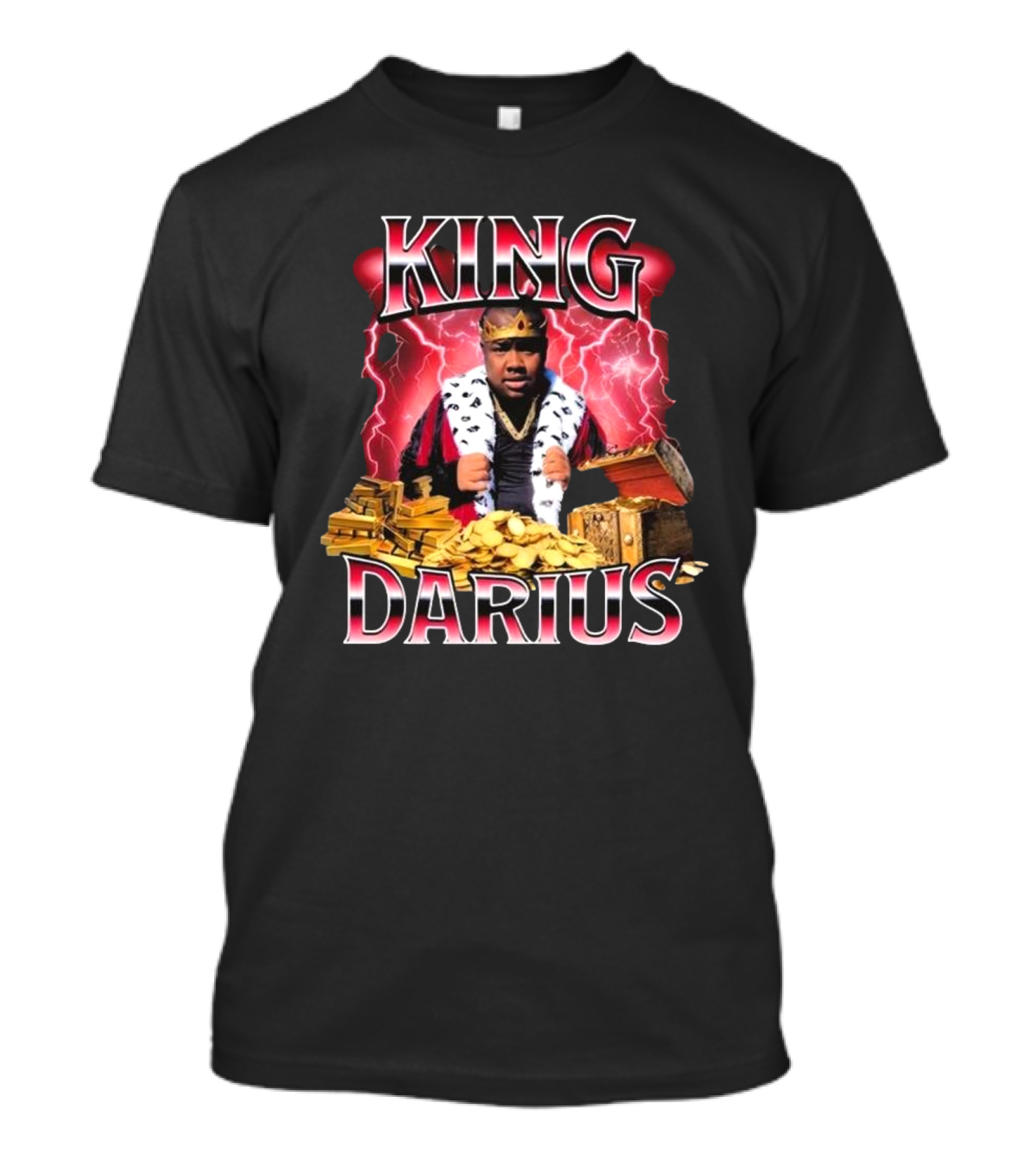 King Darius Royal Gold Treasure With Crown And Lightning Background T-Shirt