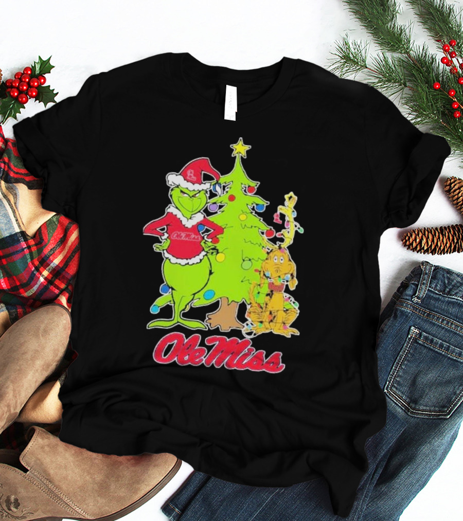 Ole Miss Rebels Grinch And Max Dog Christmas Tree T-Shirt