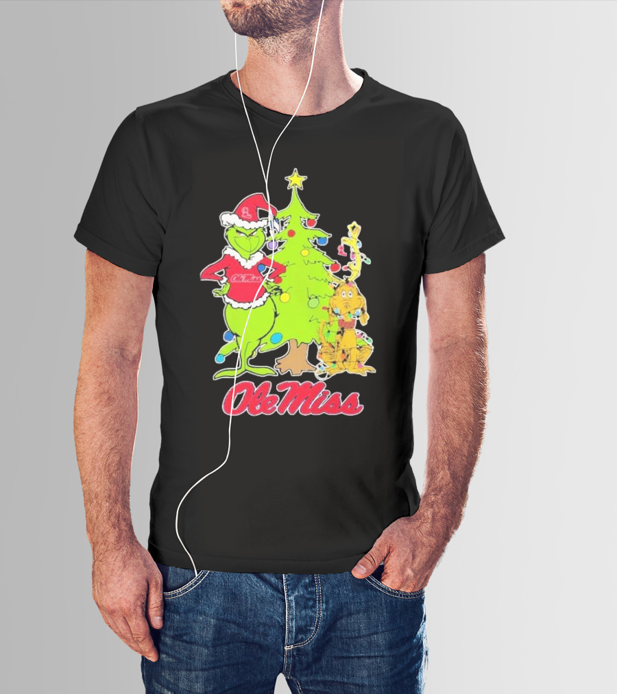 Ole Miss Rebels Grinch And Max Dog Christmas Tree T-Shirt