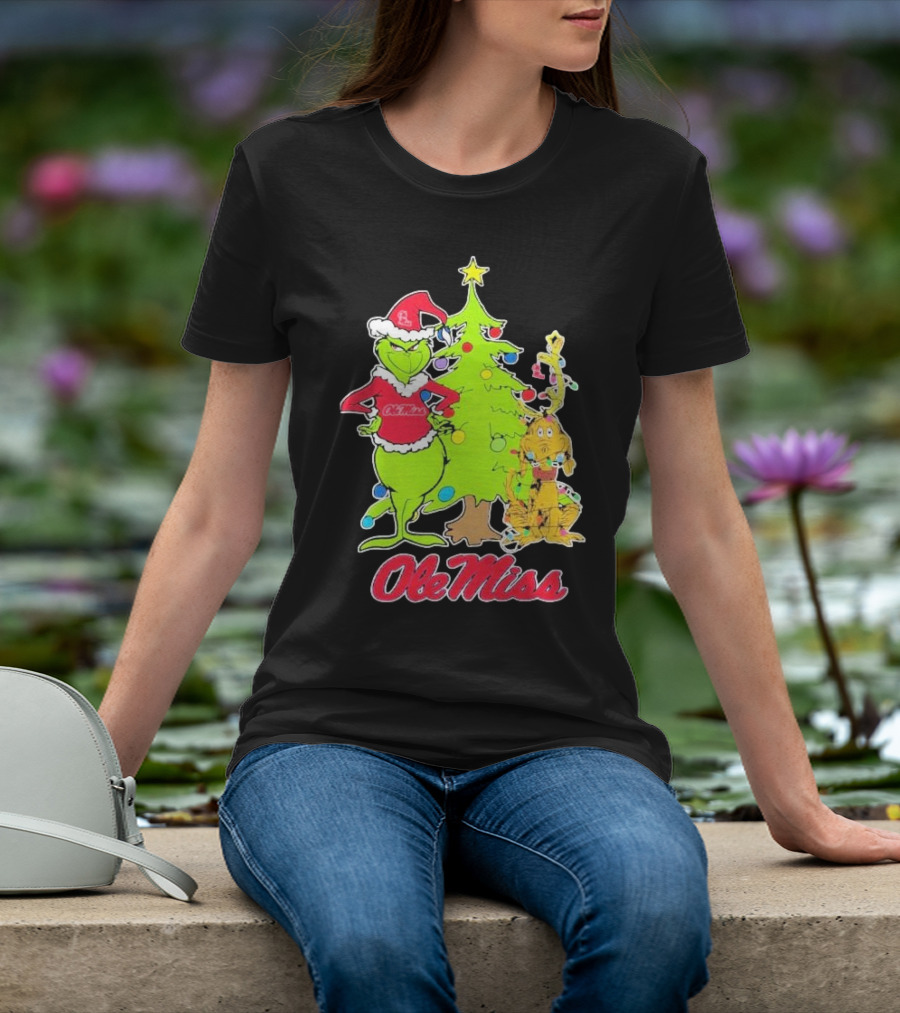 Ole Miss Rebels Grinch And Max Dog Christmas Tree T-Shirt