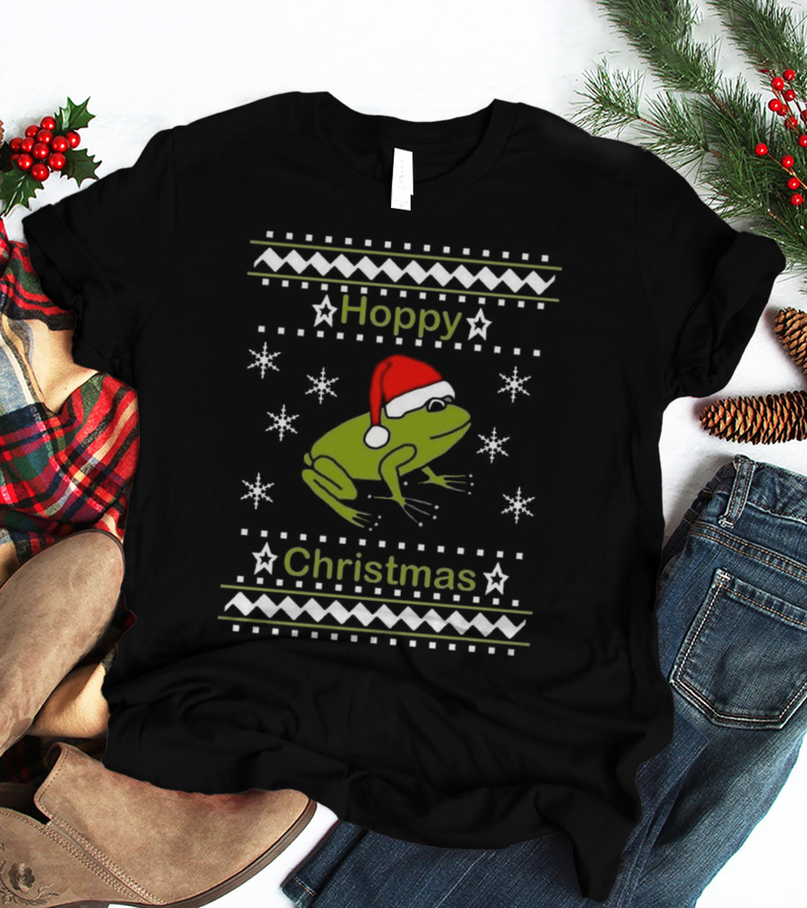 Hoppy Christmas Frog Wearing Santa Hat Surrounded By Snowflakes T-Shirt