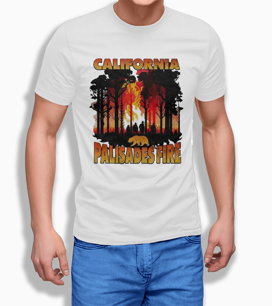 California Palisades Fire 2025 Forest Silhouette and Flames with Bear T-Shirt