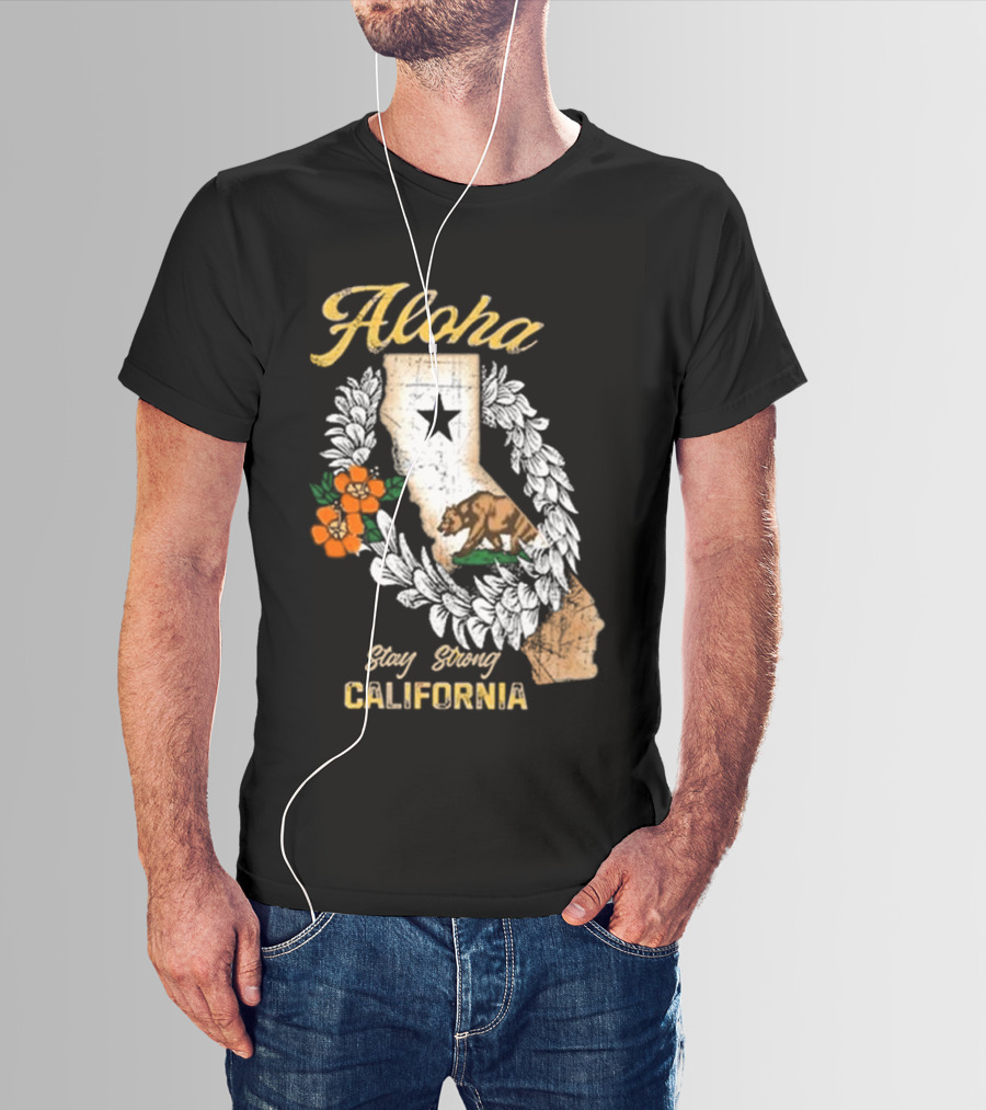 Aloha Stay Strong California Bear Star Map And Flower Garland T-Shirt