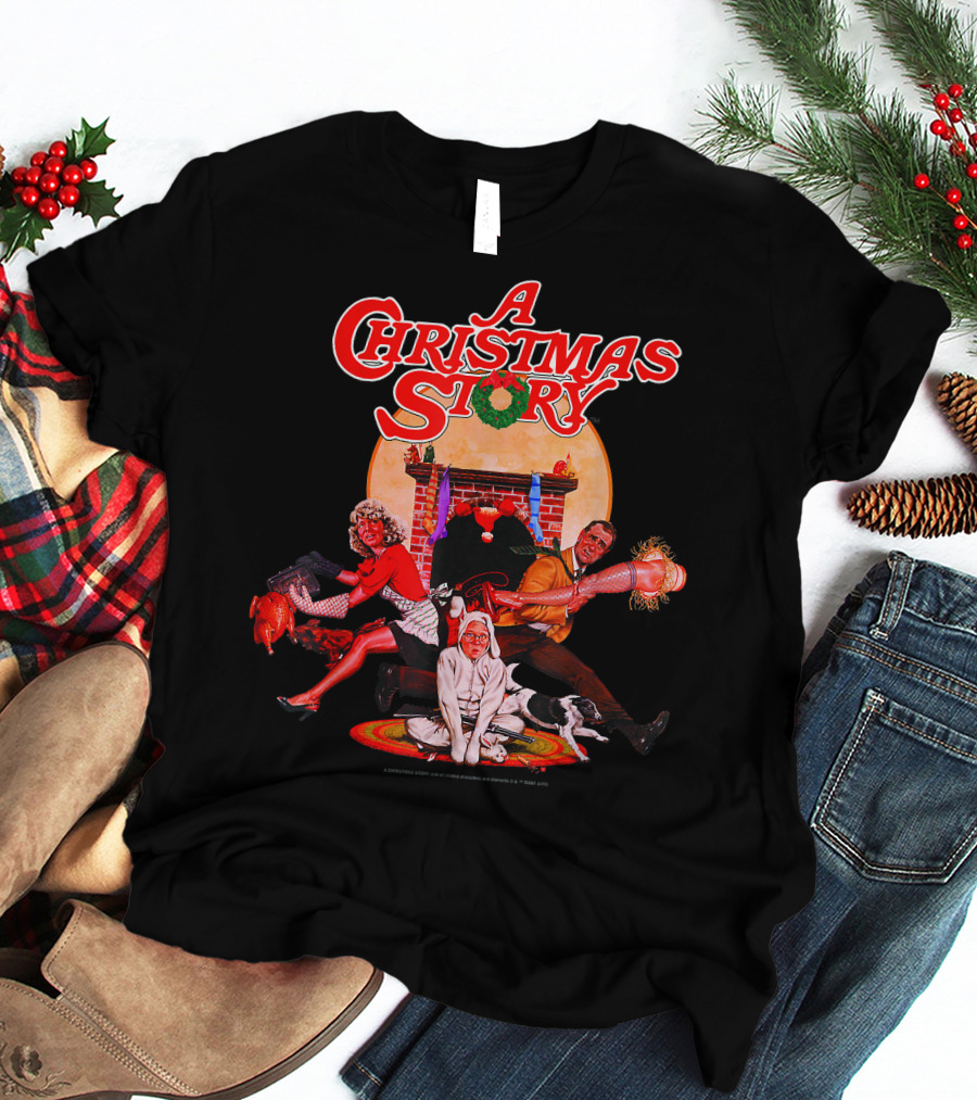 A Christmas Story Group Shot With Characters And Fireplace Scene T-Shirt