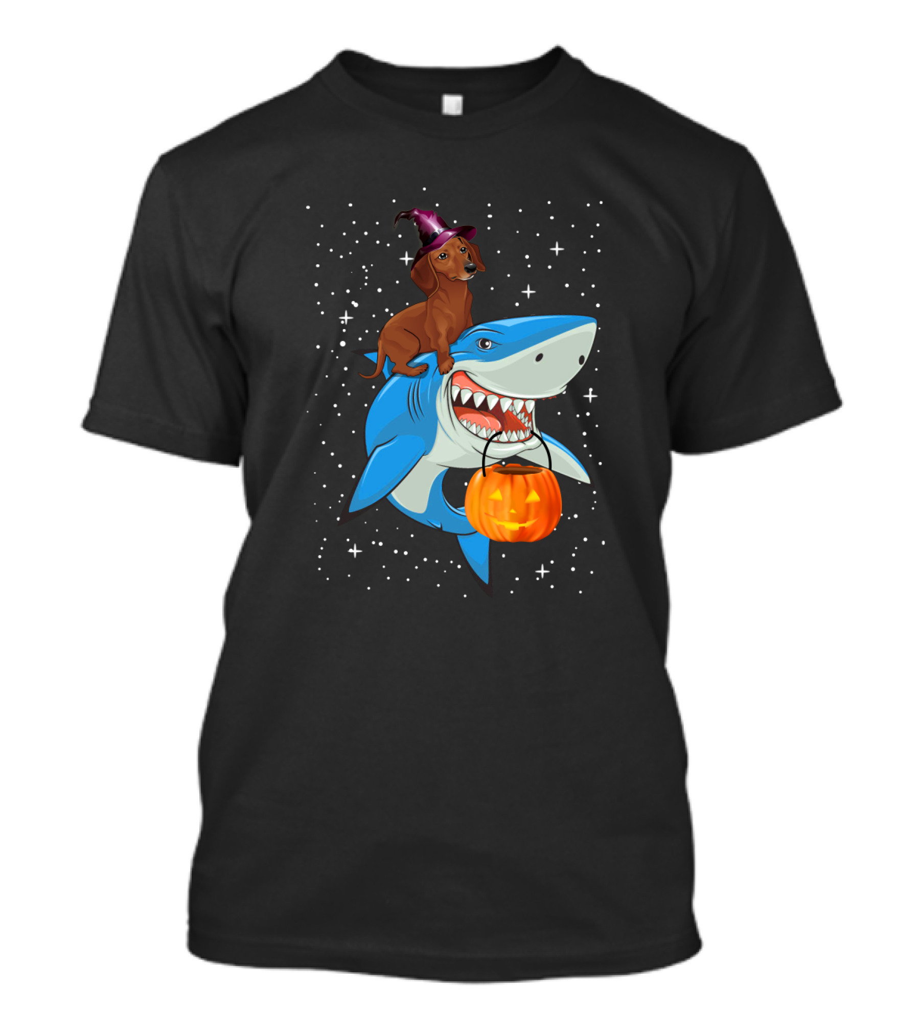 Dachshund Witch On Shark Carrying Jack-o'-Lantern In Starry Halloween Sky T-Shirt