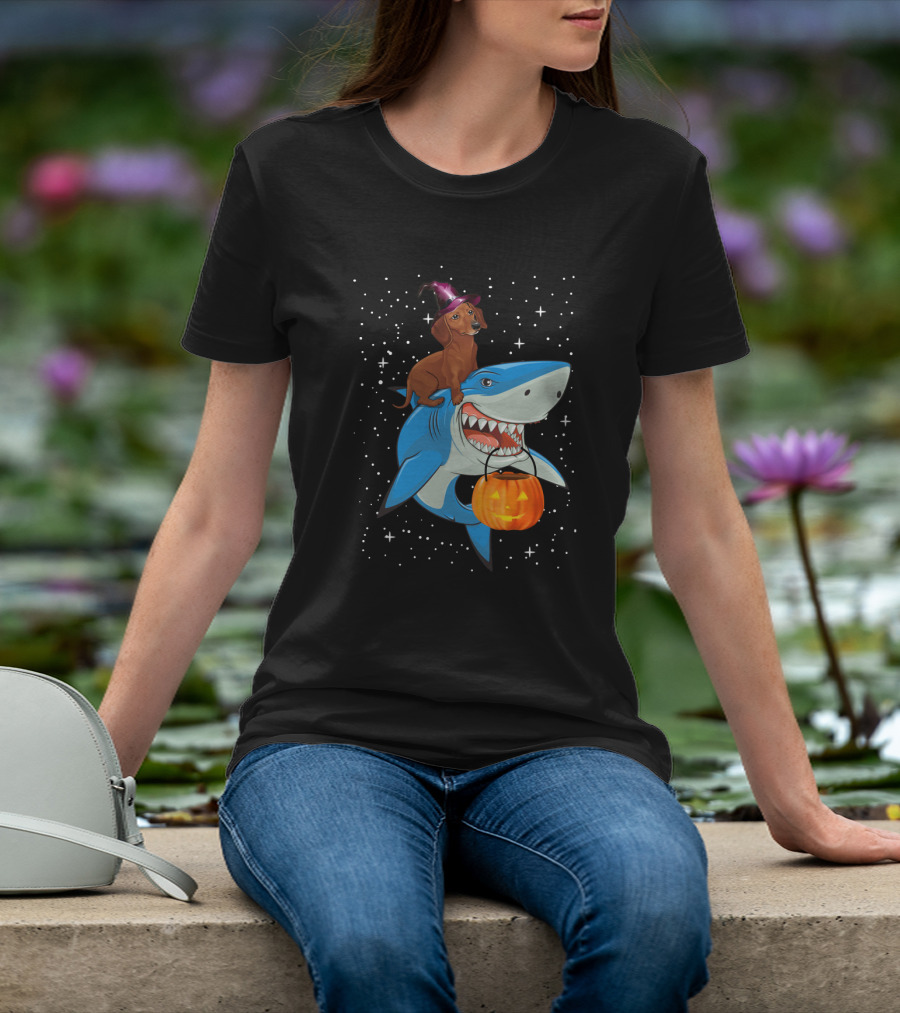 Dachshund Witch On Shark Carrying Jack-o'-Lantern In Starry Halloween Sky T-Shirt