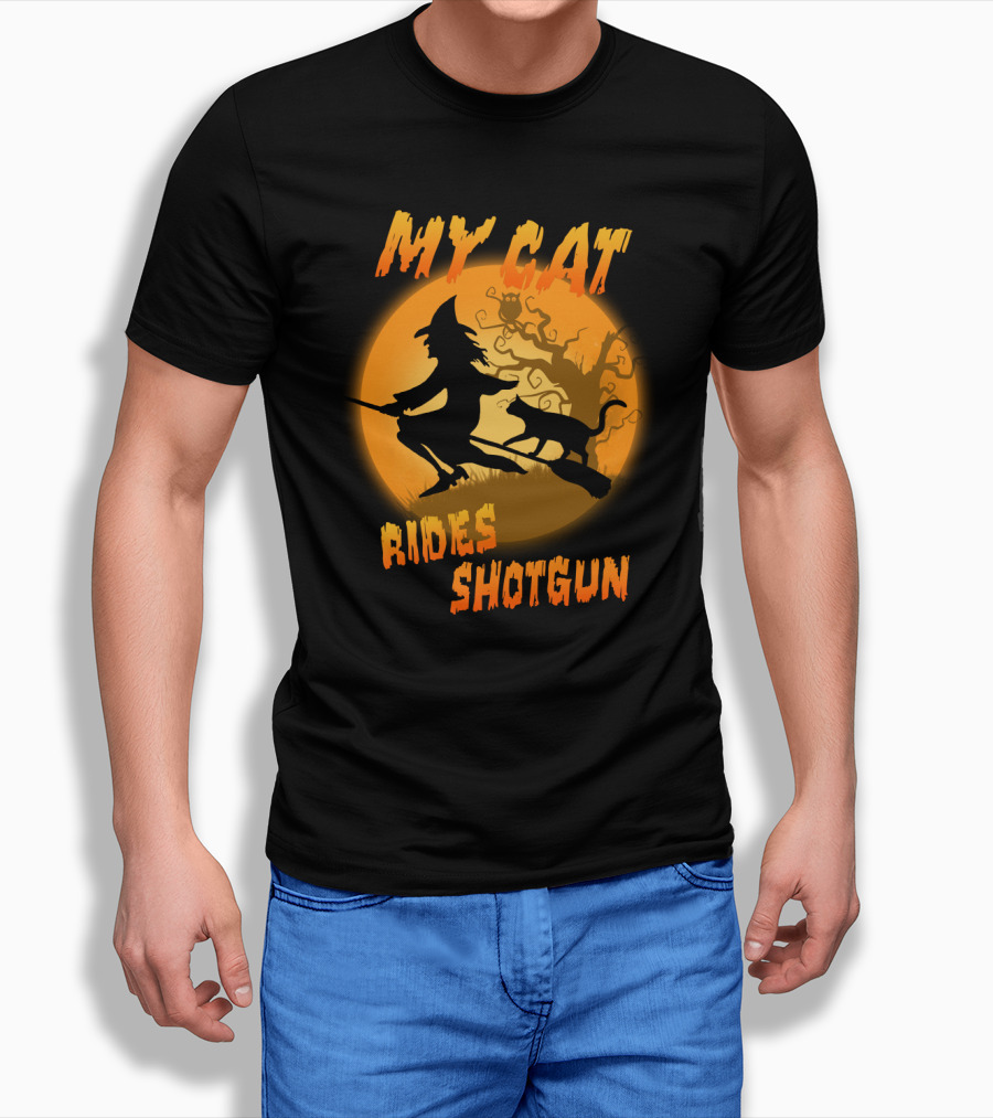 Witch And Cat Flying At Night With My Cat Rides Shotgun Silhouette Moon Scene T-Shirt