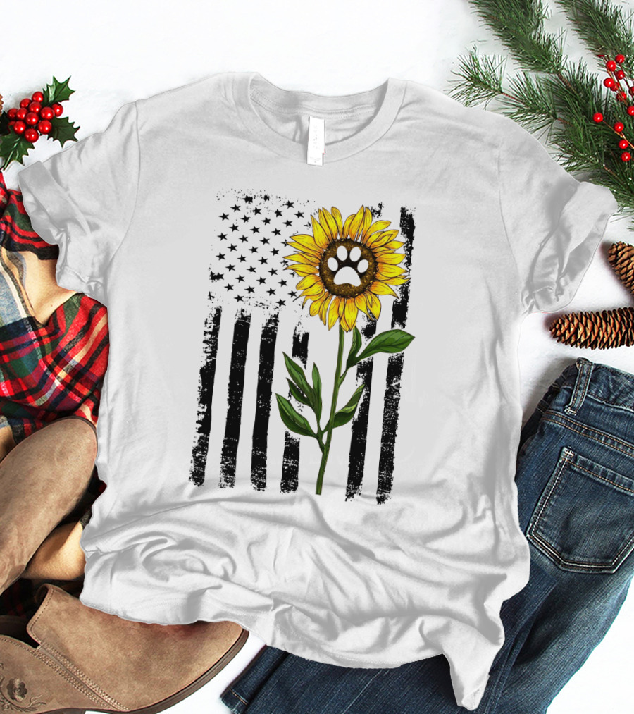 Sunflower Dog Paw Over American Flag Background T-Shirt